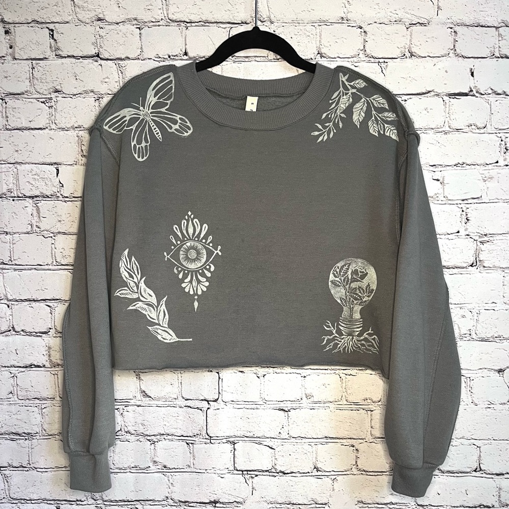 Hand-Printed Grey Crop Sweatshirt Size Small